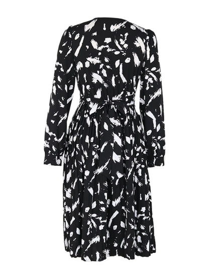 Midi Dresses- Black Print A-Line Midi Dress with Belt-Tie & Lantern Sleeves- - Pekosa Women Clothing