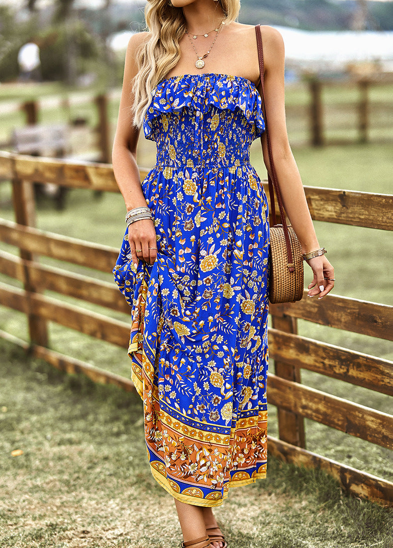 Midi Dresses- Boho Floral Strapless Maxi Dress with Smocked Tube Top & Leg Slit- - Pekosa Women Clothing