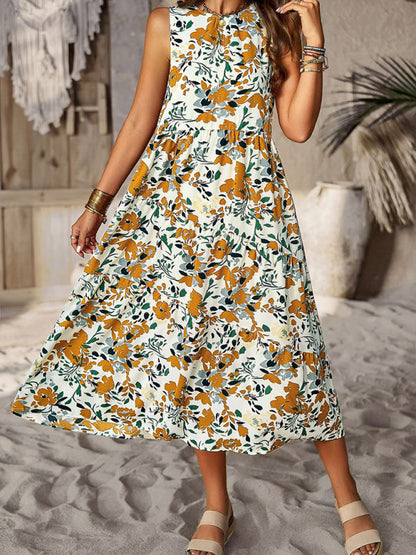 Midi Dresses- Boho Full Print Tank Dress: Tiered Design, Side Pockets- - Pekosa Women Clothing