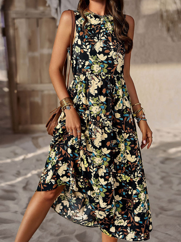 Midi Dresses- Boho Full Print Tank Dress: Tiered Design, Side Pockets- - Pekosa Women Clothing