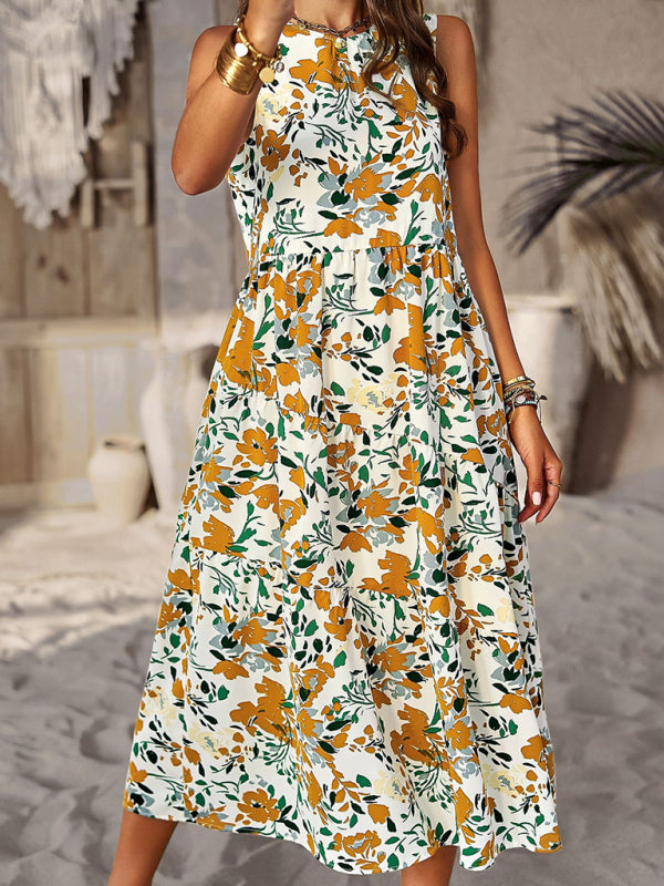 Midi Dresses- Boho Full Print Tank Dress: Tiered Design, Side Pockets- - Pekosa Women Clothing