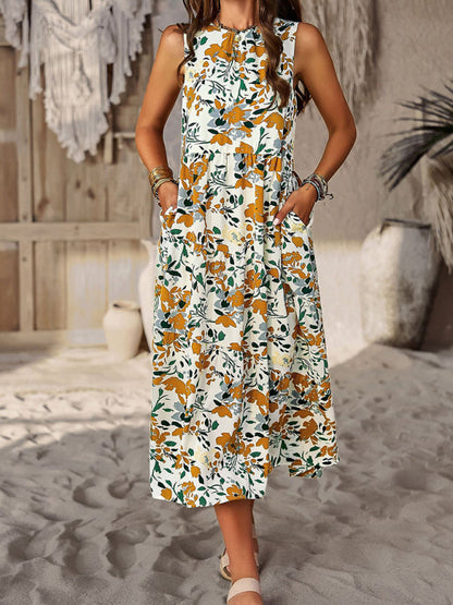 Midi Dresses- Boho Full Print Tank Dress: Tiered Design, Side Pockets- - Pekosa Women Clothing