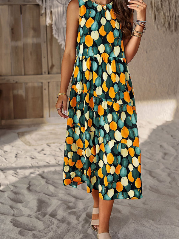 Midi Dresses- Boho Full Print Tank Dress: Tiered Design, Side Pockets- - Pekosa Women Clothing