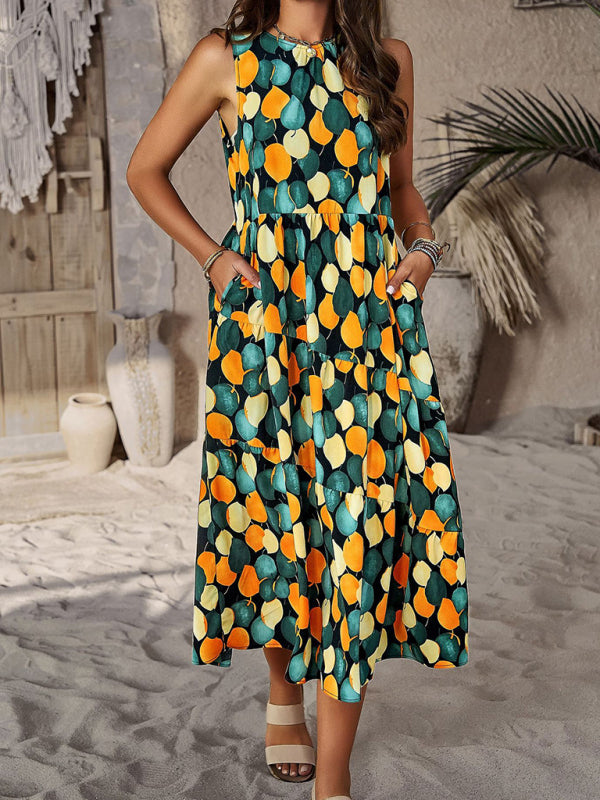 Midi Dresses- Boho Full Print Tank Dress: Tiered Design, Side Pockets- - Pekosa Women Clothing