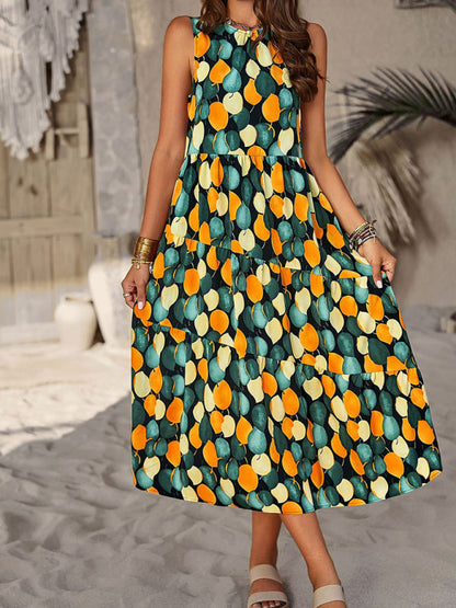 Midi Dresses- Boho Full Print Tank Dress: Tiered Design, Side Pockets- - Pekosa Women Clothing