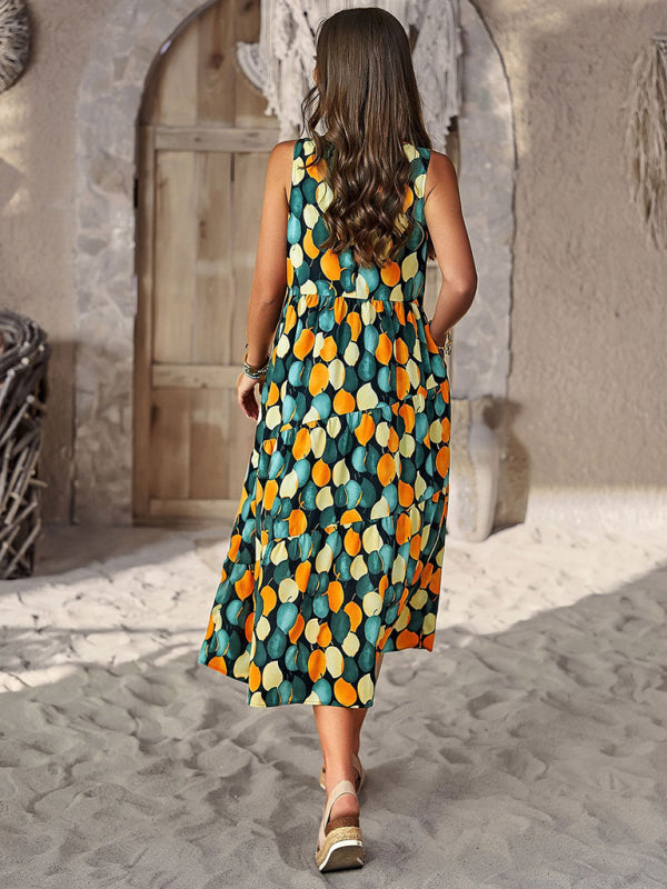 Midi Dresses- Boho Full Print Tank Dress: Tiered Design, Side Pockets- - Pekosa Women Clothing