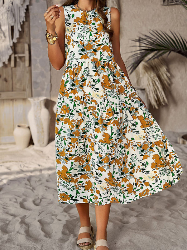 Midi Dresses- Boho Full Print Tank Dress: Tiered Design, Side Pockets- Cracker khaki- Pekosa Women Clothing