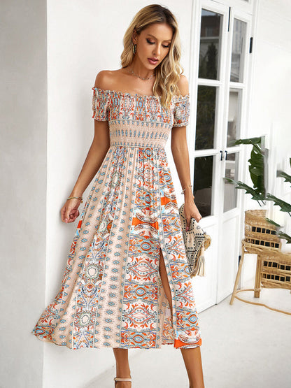 Midi Dresses- Boho Off-Shoulder Floral Slit Midi Dress with Smocked Bodice- Cracker khaki- Pekosa Women Fashion