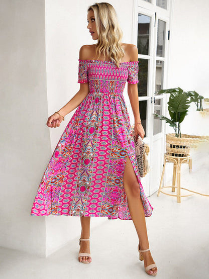 Midi Dresses- Boho Off-Shoulder Floral Slit Midi Dress with Smocked Bodice- - Pekosa Women Fashion