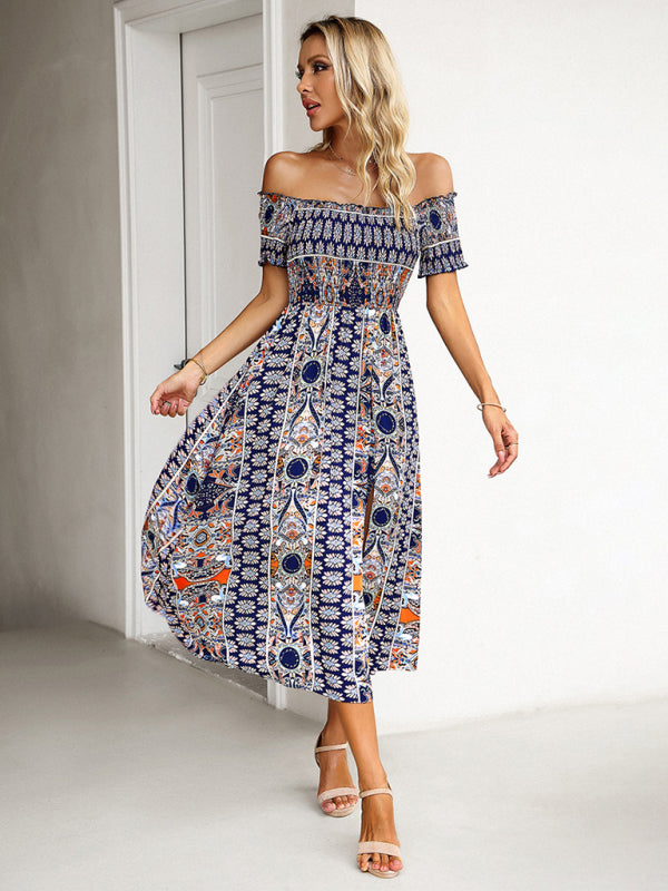 Midi Dresses- Boho Off-Shoulder Floral Slit Midi Dress with Smocked Bodice- - Pekosa Women Fashion