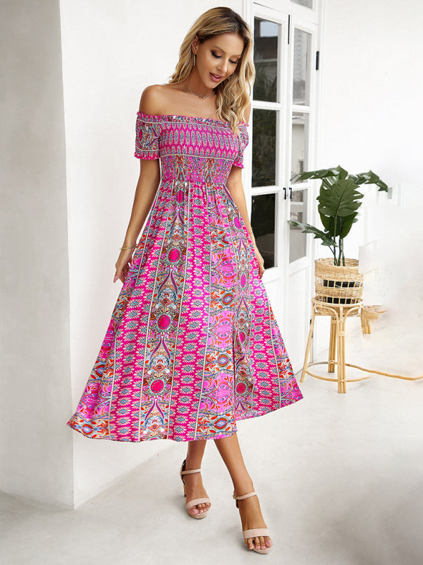 Midi Dresses- Boho Off-Shoulder Floral Slit Midi Dress with Smocked Bodice- - Pekosa Women Fashion