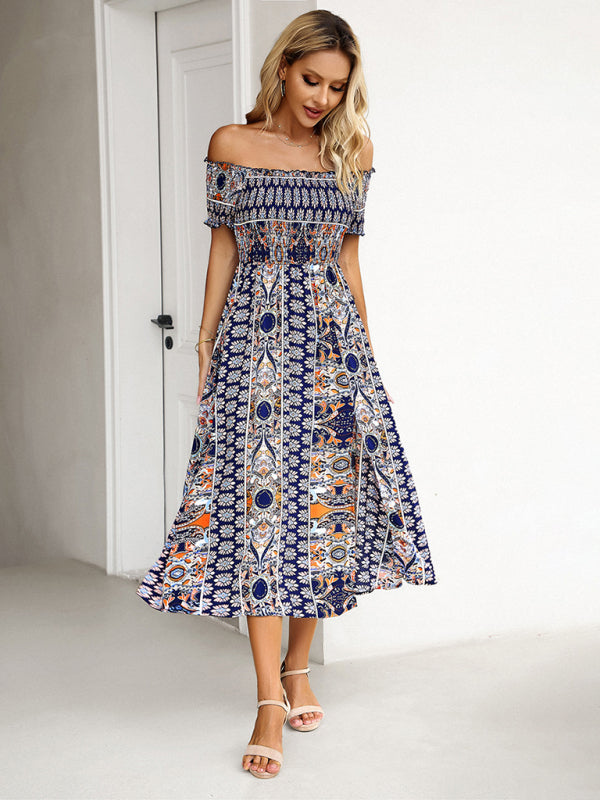 Midi Dresses- Boho Off-Shoulder Floral Slit Midi Dress with Smocked Bodice- - Pekosa Women Fashion