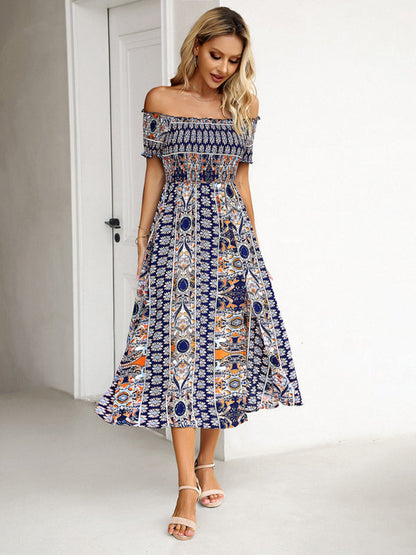 Midi Dresses- Boho Off-Shoulder Floral Slit Midi Dress with Smocked Bodice- - Pekosa Women Fashion