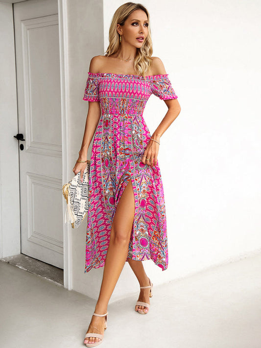 Midi Dresses- Boho Off-Shoulder Floral Slit Midi Dress with Smocked Bodice- Pink- Pekosa Women Fashion