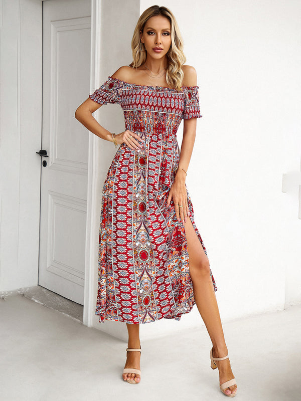 Midi Dresses- Boho Off-Shoulder Floral Slit Midi Dress with Smocked Bodice- - Pekosa Women Fashion