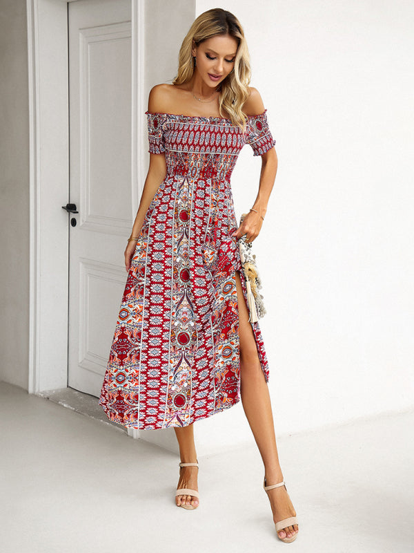 Midi Dresses- Boho Off-Shoulder Floral Slit Midi Dress with Smocked Bodice- - Pekosa Women Fashion