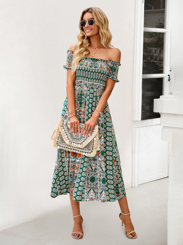 Midi Dresses- Boho Off-Shoulder Floral Slit Midi Dress with Smocked Bodice- - Pekosa Women Fashion