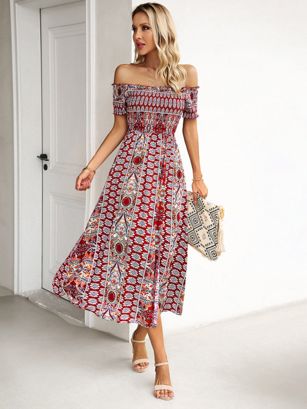 Midi Dresses- Boho Off-Shoulder Floral Slit Midi Dress with Smocked Bodice- - Pekosa Women Fashion