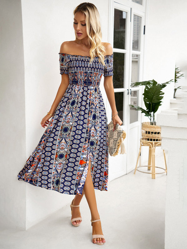 Midi Dresses- Boho Off-Shoulder Floral Slit Midi Dress with Smocked Bodice- - Pekosa Women Fashion