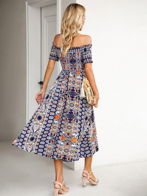 Midi Dresses- Boho Off-Shoulder Floral Slit Midi Dress with Smocked Bodice- - Pekosa Women Fashion