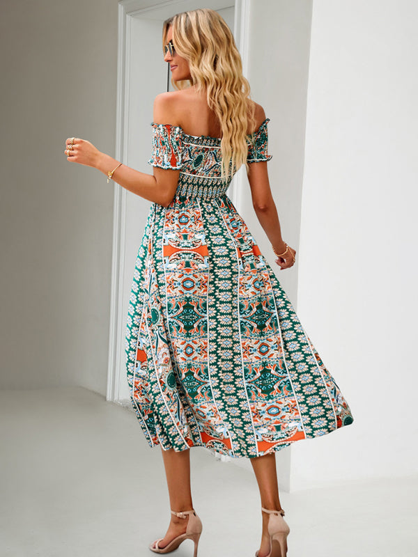 Midi Dresses- Boho Off-Shoulder Floral Slit Midi Dress with Smocked Bodice- - Pekosa Women Fashion