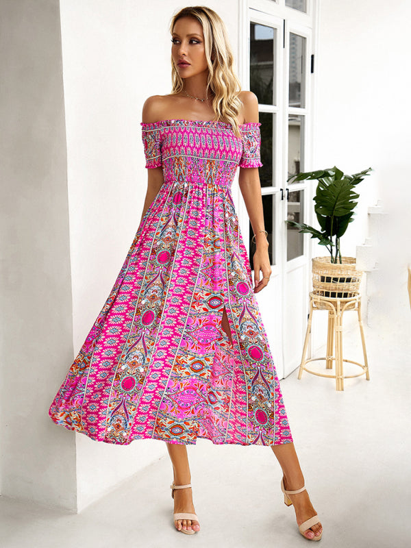 Midi Dresses- Boho Off-Shoulder Floral Slit Midi Dress with Smocked Bodice- - Pekosa Women Fashion