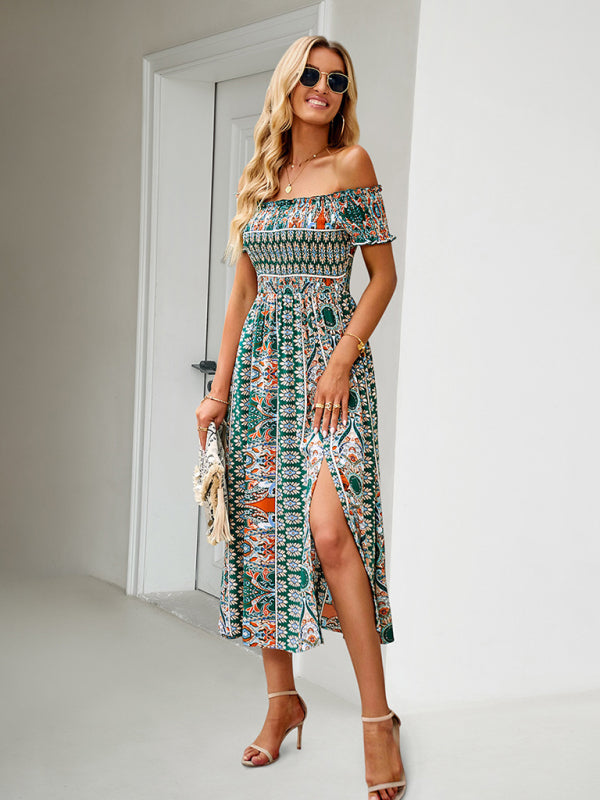 Midi Dresses- Boho Off-Shoulder Floral Slit Midi Dress with Smocked Bodice- - Pekosa Women Fashion