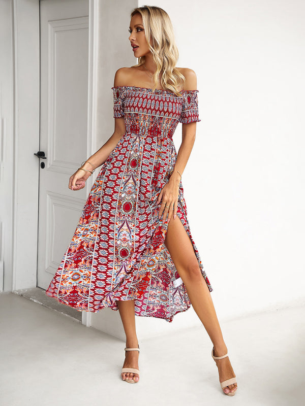 Midi Dresses- Boho Off-Shoulder Floral Slit Midi Dress with Smocked Bodice- - Pekosa Women Fashion