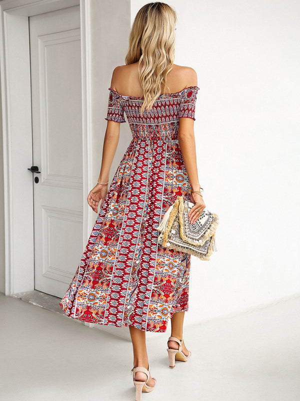 Midi Dresses- Boho Off-Shoulder Floral Slit Midi Dress with Smocked Bodice- - Pekosa Women Fashion