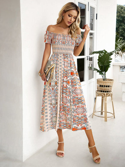 Midi Dresses- Boho Off-Shoulder Floral Slit Midi Dress with Smocked Bodice- - Pekosa Women Fashion