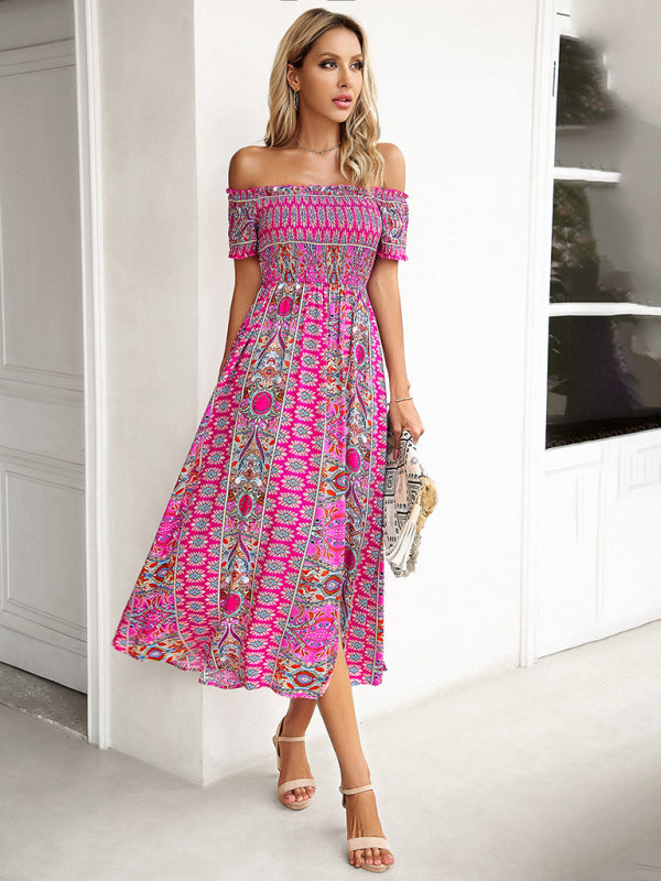 Midi Dresses- Boho Off-Shoulder Floral Slit Midi Dress with Smocked Bodice- - Pekosa Women Fashion