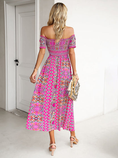 Midi Dresses- Boho Off-Shoulder Floral Slit Midi Dress with Smocked Bodice- - Pekosa Women Fashion