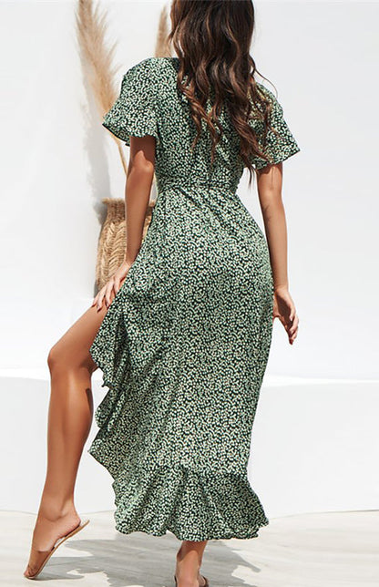 Midi Dresses- Chic Robe Midi Dress with Asymmetrical Ruffle & Wrap High-Low Design- - Pekosa Women Clothing