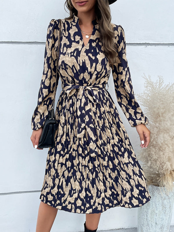 Midi Dresses- Chic and Flowy: Women's Long Sleeves Belted Pleated Midi Dress- Purplish blue navy- Pekosa Women Clothing