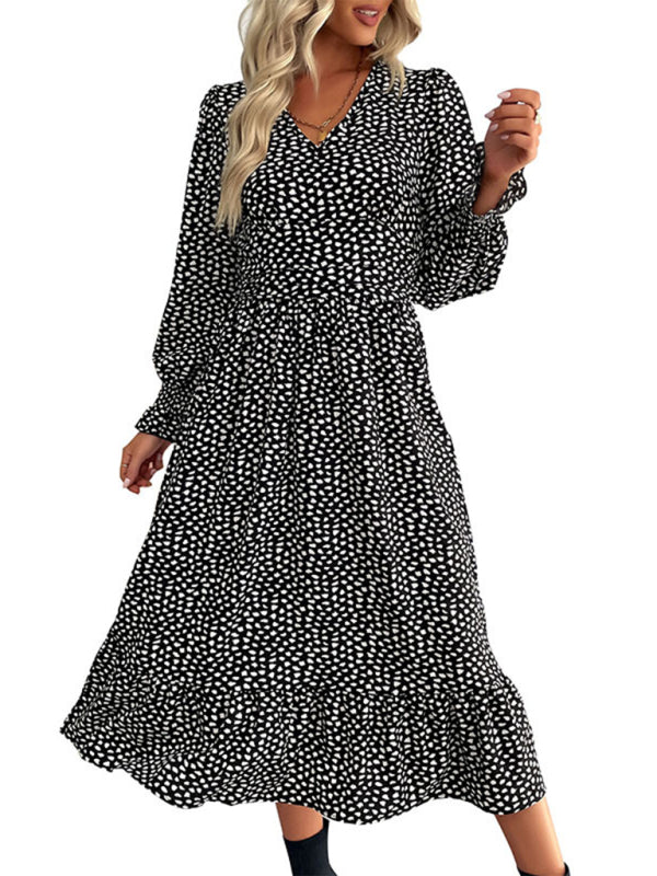 Midi Dresses- Dotty Print Elastic Waist Long Sleeve Ruffle Dress- - Pekosa Women Clothing