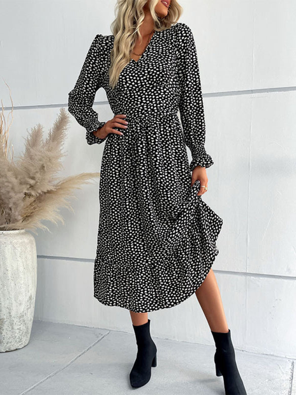 Midi Dresses- Dotty Print Elastic Waist Long Sleeve Ruffle Dress- Black- Pekosa Women Clothing