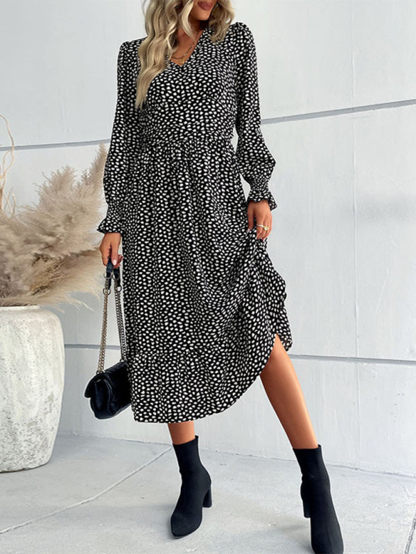 Midi Dresses- Dotty Print Elastic Waist Long Sleeve Ruffle Dress- - Pekosa Women Clothing