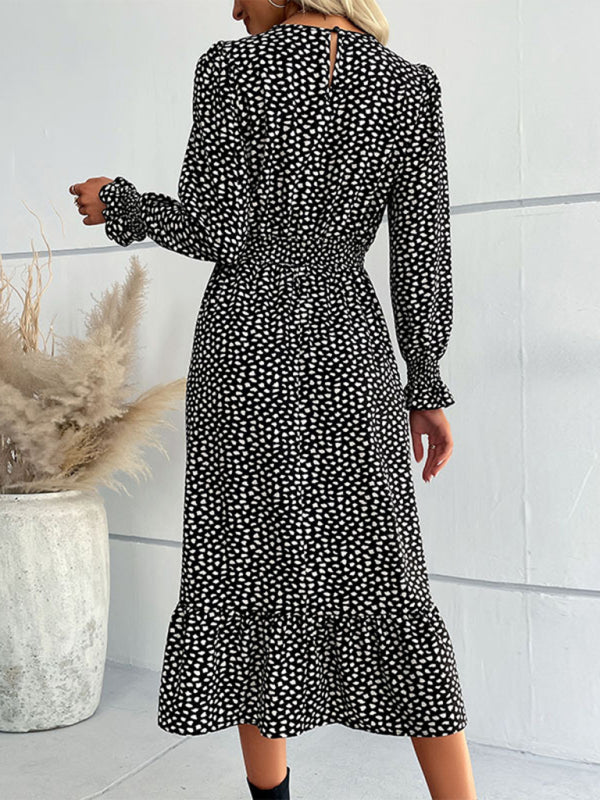 Midi Dresses- Dotty Print Elastic Waist Long Sleeve Ruffle Dress- - Pekosa Women Clothing