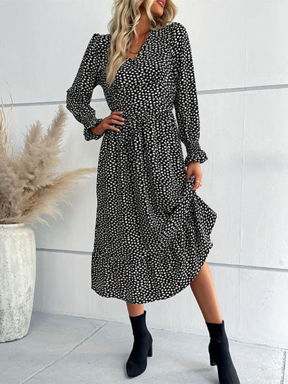 Midi Dresses- Dotty Print Elastic Waist Long Sleeve Ruffle Dress- - Pekosa Women Clothing