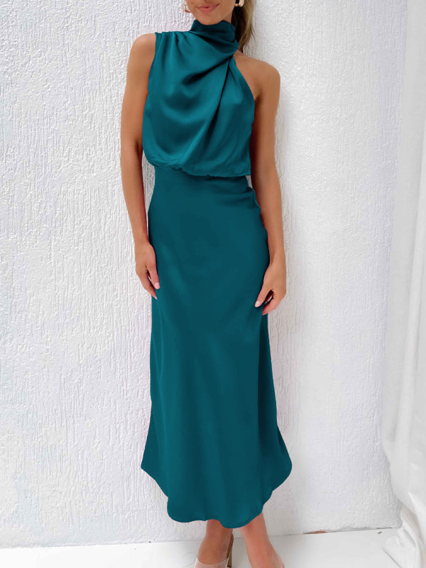 Midi Dresses- Elegant Satin Halter Cowl Neck Maxi Midi Dress with Sheath Silhouette- Acid blue- Pekosa Women Clothing