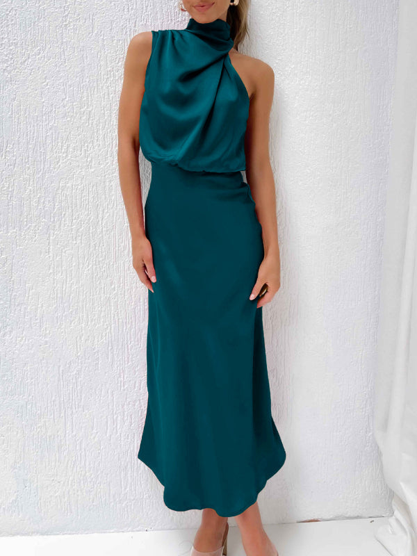 Midi Dresses- Elegant Satin Halter Cowl Neck Maxi Midi Dress with Sheath Silhouette- Deep green- Pekosa Women Clothing