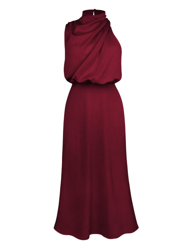 Midi Dresses- Elegant Satin Halter Cowl Neck Maxi Midi Dress with Sheath Silhouette- - Pekosa Women Clothing