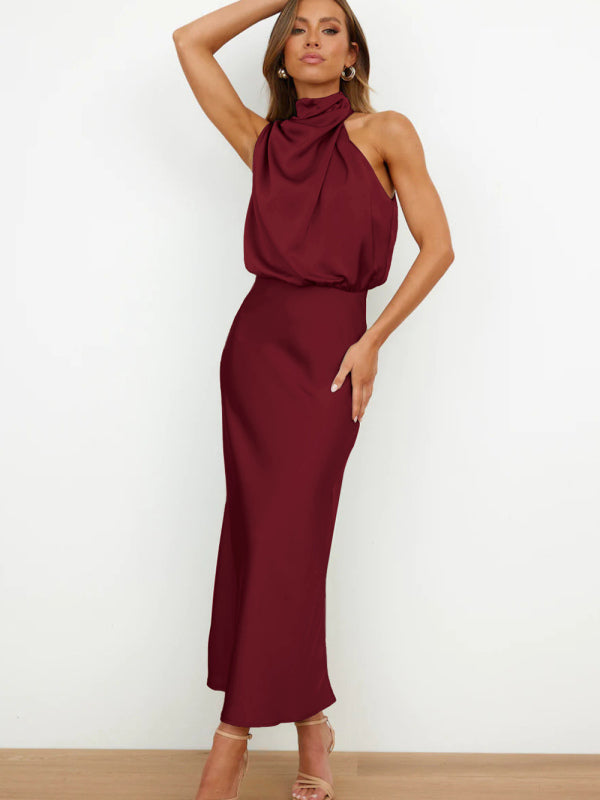 Midi Dresses- Elegant Satin Halter Cowl Neck Maxi Midi Dress with Sheath Silhouette- - Pekosa Women Clothing