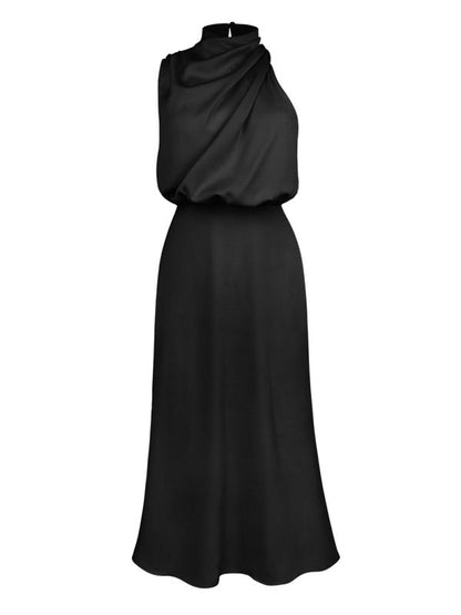 Midi Dresses- Elegant Satin Halter Cowl Neck Maxi Midi Dress with Sheath Silhouette- - Pekosa Women Clothing