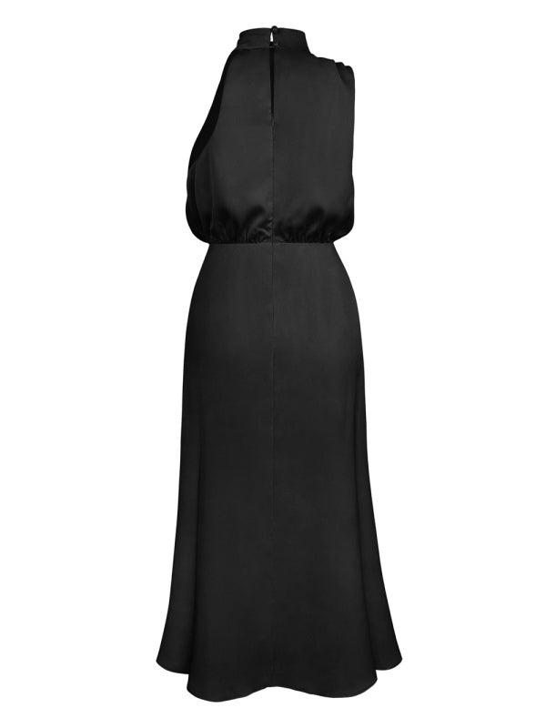 Midi Dresses- Elegant Satin Halter Cowl Neck Maxi Midi Dress with Sheath Silhouette- - Pekosa Women Clothing