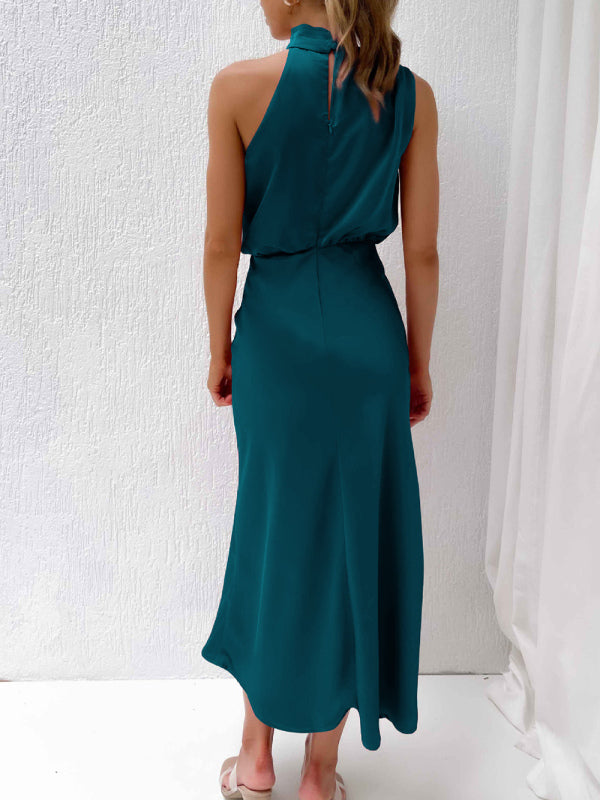 Midi Dresses- Elegant Satin Halter Cowl Neck Maxi Midi Dress with Sheath Silhouette- - Pekosa Women Clothing