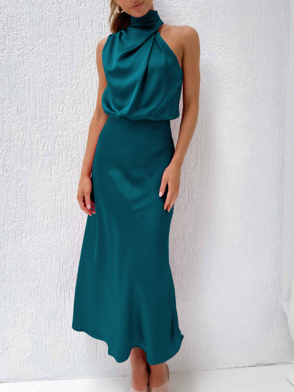 Midi Dresses- Elegant Satin Halter Cowl Neck Maxi Midi Dress with Sheath Silhouette- - Pekosa Women Clothing