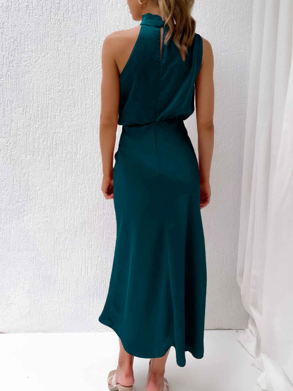 Midi Dresses- Elegant Satin Halter Cowl Neck Maxi Midi Dress with Sheath Silhouette- - Pekosa Women Clothing