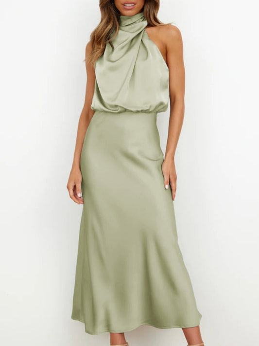 Midi Dresses- Elegant Satin Halter Cowl Neck Maxi Midi Dress with Sheath Silhouette- Pale green- Pekosa Women Clothing