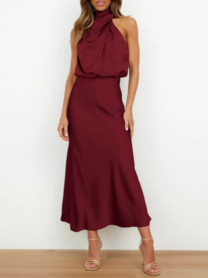 Midi Dresses- Elegant Satin Halter Cowl Neck Maxi Midi Dress with Sheath Silhouette- Wine Red- Pekosa Women Clothing